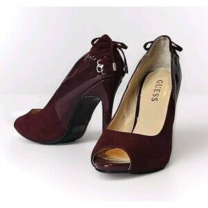 GUESS Burgundy Suede Open Toe Patent Leather Lace-Up Back 4.5 In Heel WMN SZ 6.5